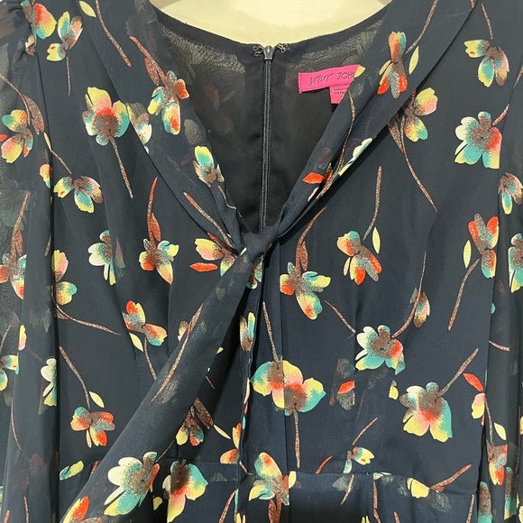 Betsey Johnson Navy Floral Mini Dress Neck Tie Sheer Long Sleeves V Neck Size 6 - Picture 7 of 13